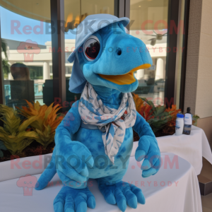 Sky Blue Utahraptor mascot costume character dressed with a Swimwear and Scarf clips