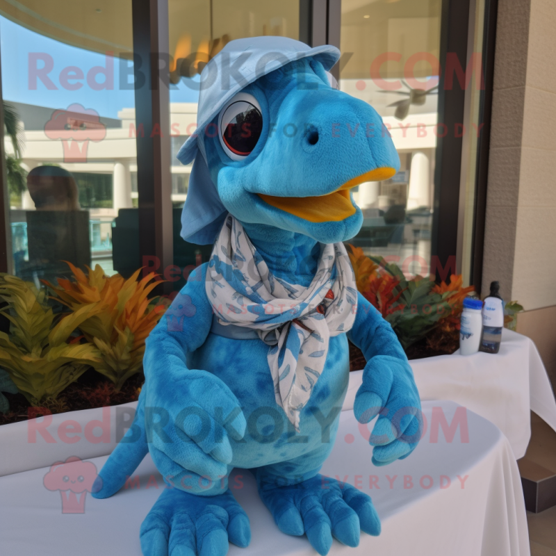 Sky Blue Utahraptor mascot costume character dressed with a Swimwear and Scarf clips Sky Blue Utahraptor mascot costume character dressed with a Swimwear and Scarf clips