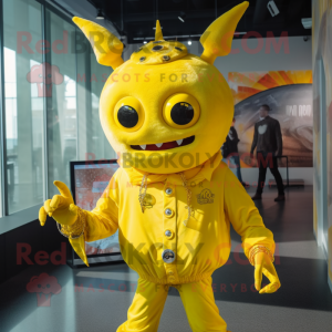 Lemon Yellow Demon mascot costume character dressed with a Coat and Earrings