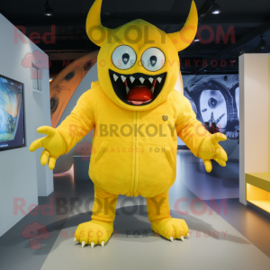 Lemon Yellow Demon mascot costume character dressed with a Coat and Earrings