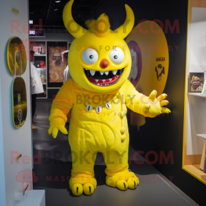 Lemon Yellow Demon mascot costume character dressed with a Coat and Earrings