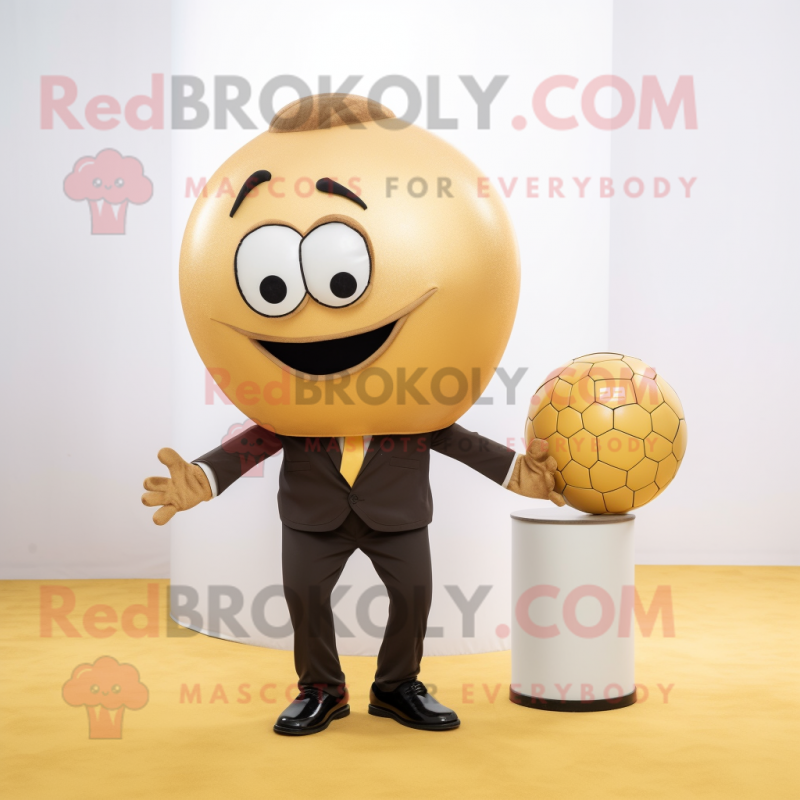Gold Handball Ball mascot costume character dressed with a Dress Pants and Clutch bags