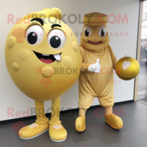 Gold Handball Ball mascot costume character dressed with a Dress Pants and Clutch bags
