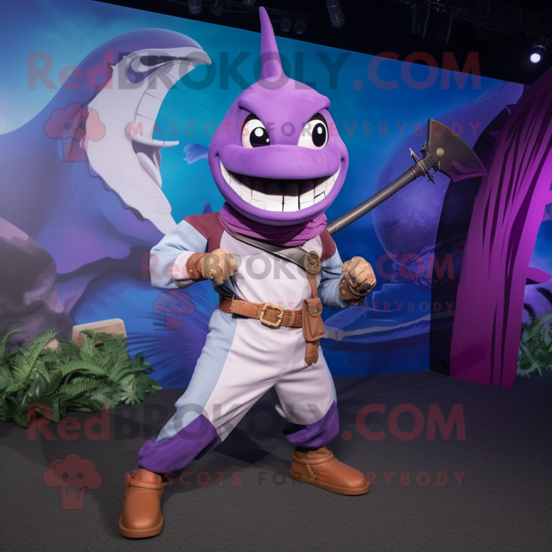 Purple Swordfish mascot costume character dressed with a T-Shirt and Belts Purple Swordfish mascot costume character dressed with a T-Shirt and Belts