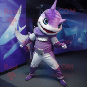 Purple Swordfish mascot costume character dressed with a T-Shirt and Belts