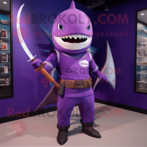 Purple Swordfish mascot costume character dressed with a T-Shirt and Belts