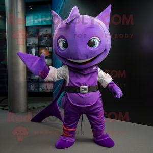 Purple Swordfish mascot costume character dressed with a T-Shirt and Belts