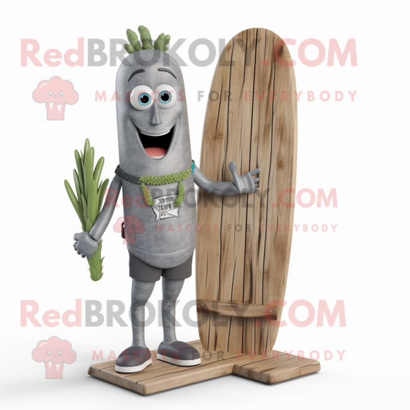 Gray Asparagus mascot costume character dressed with a Board Shorts and Necklaces