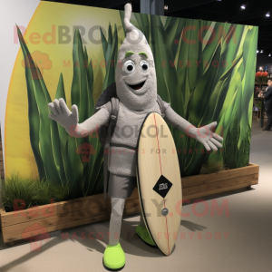 Gray Asparagus mascot costume character dressed with a Board Shorts and Necklaces