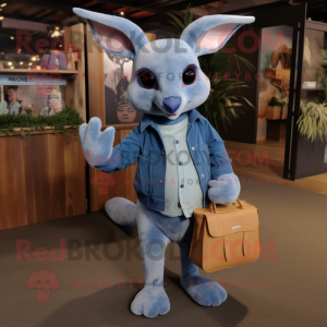 Blue Kangaroo mascot costume character dressed with a Boyfriend Jeans and Clutch bags