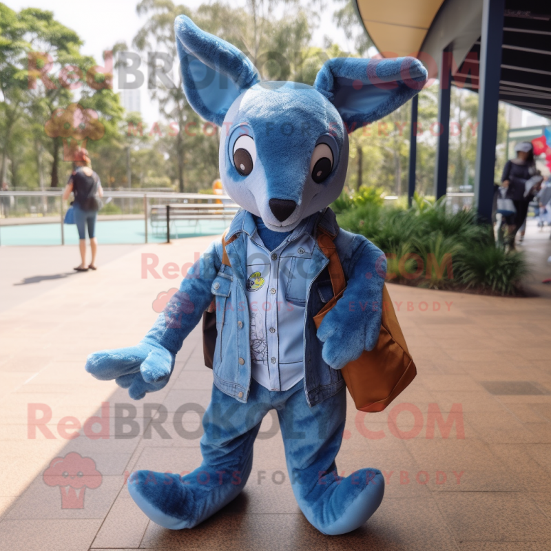 Blue Kangaroo mascot costume character dressed with a Boyfriend Jeans and Clutch bags