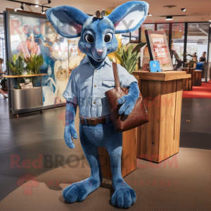Blue Kangaroo mascot costume character dressed with a Boyfriend Jeans and Clutch bags