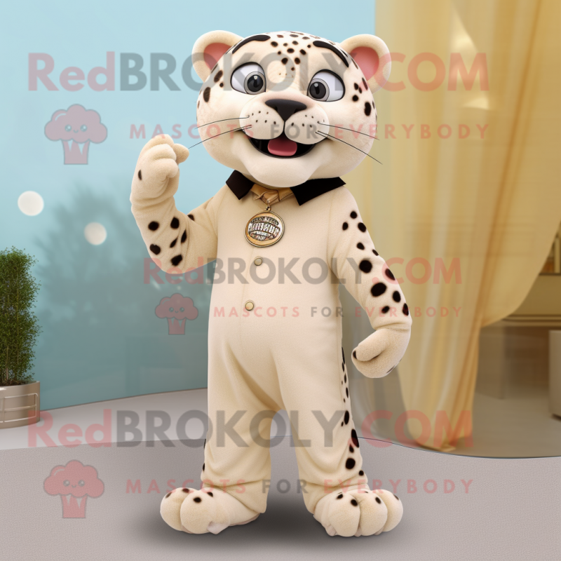 Beige Jaguar mascot costume character dressed with a Dress Pants and Earrings