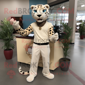 Beige Jaguar mascot costume character dressed with a Dress Pants and Earrings