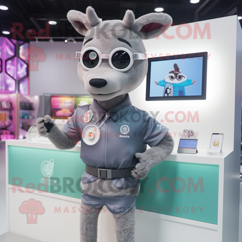 Gray Deer mascot costume character dressed with a Midi Dress and Smartwatches