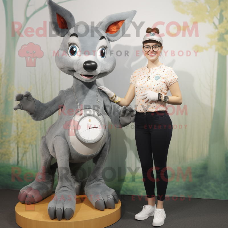 Gray Deer mascot costume character dressed with a Midi Dress and Smartwatches