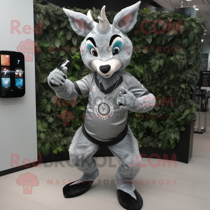 Gray Deer mascot costume character dressed with a Midi Dress and Smartwatches Gray Deer mascot costume character dressed with a Midi Dress and Smartwatches
