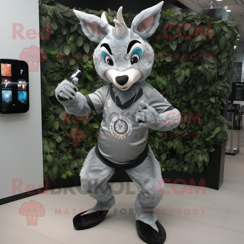 Gray Deer mascot costume character dressed with a Midi Dress and Smartwatches