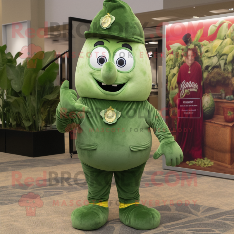 Olive Spinach mascot costume character dressed with a Corduroy Pants and Rings