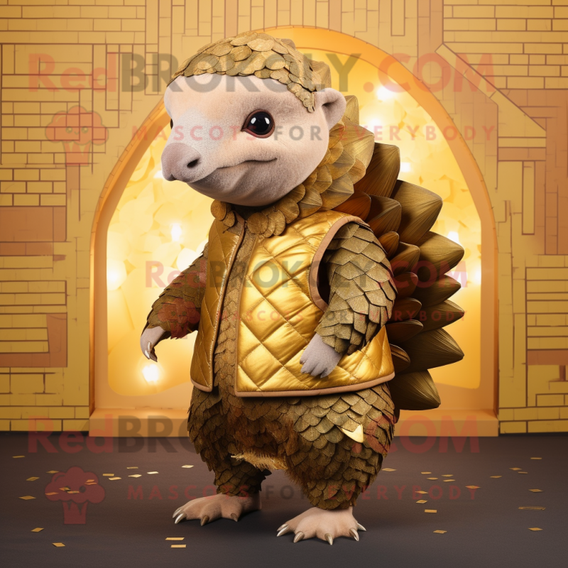 Gold Pangolin mascot costume character dressed with a Vest and Cummerbunds