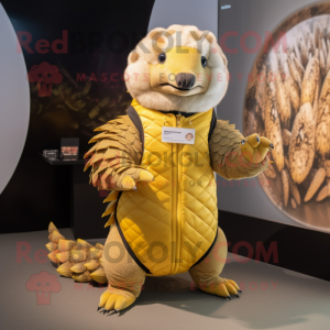 Gold Pangolin mascot costume character dressed with a Vest and Cummerbunds