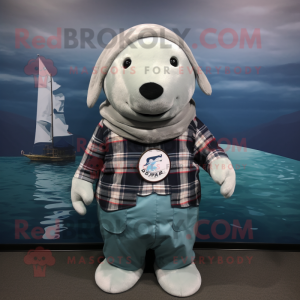 Silver Stellar'S Sea Cow mascot costume character dressed with a Flannel Shirt and Cummerbunds