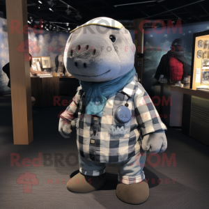 Silver Stellar'S Sea Cow mascot costume character dressed with a Flannel Shirt and Cummerbunds