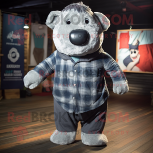 Silver Stellar'S Sea Cow mascot costume character dressed with a Flannel Shirt and Cummerbunds