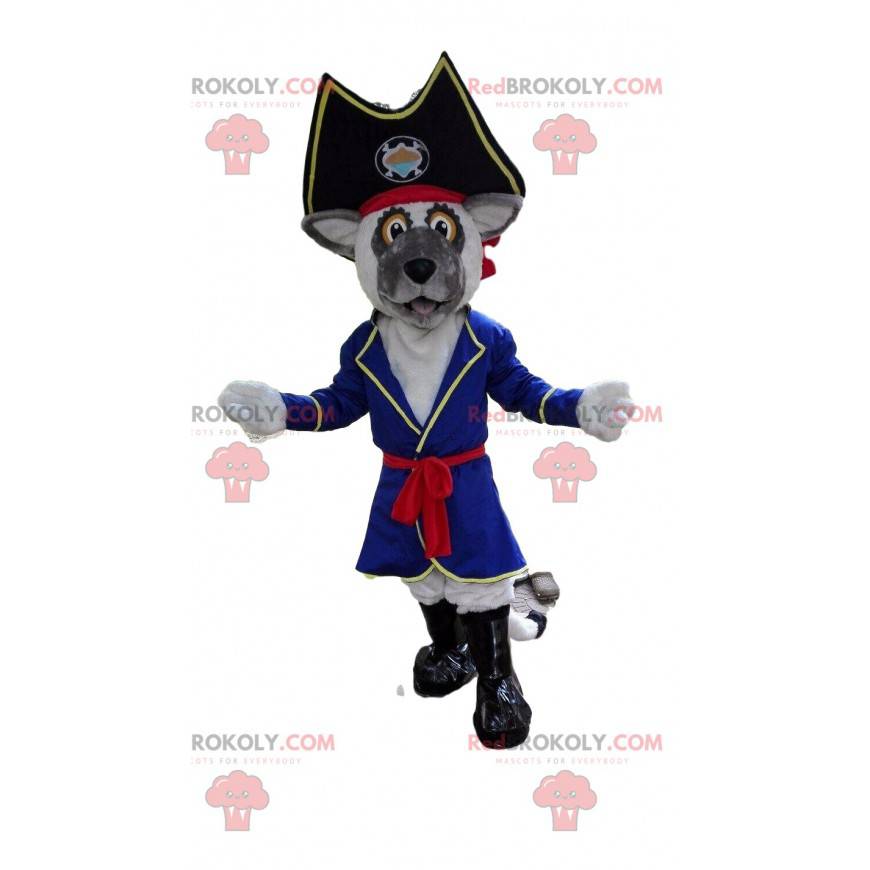 Mascotte de chien gris en pirate, costume de chien pirate -