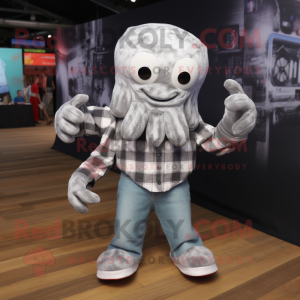 Silver Octopus mascot costume character dressed with a Flannel Shirt and Cufflinks
