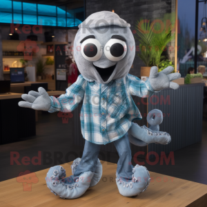 Silver Octopus mascot costume character dressed with a Flannel Shirt and Cufflinks