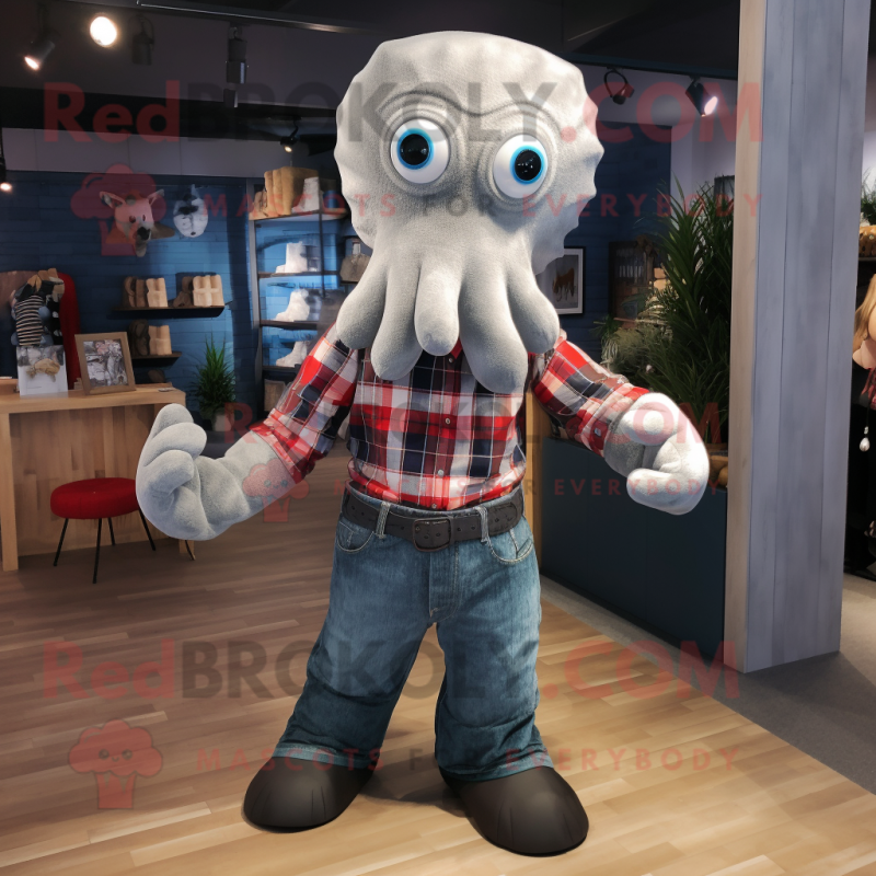 Silver Octopus mascot costume character dressed with a Flannel Shirt and Cufflinks Silver Octopus mascot costume character dressed with a Flannel Shirt and Cufflinks