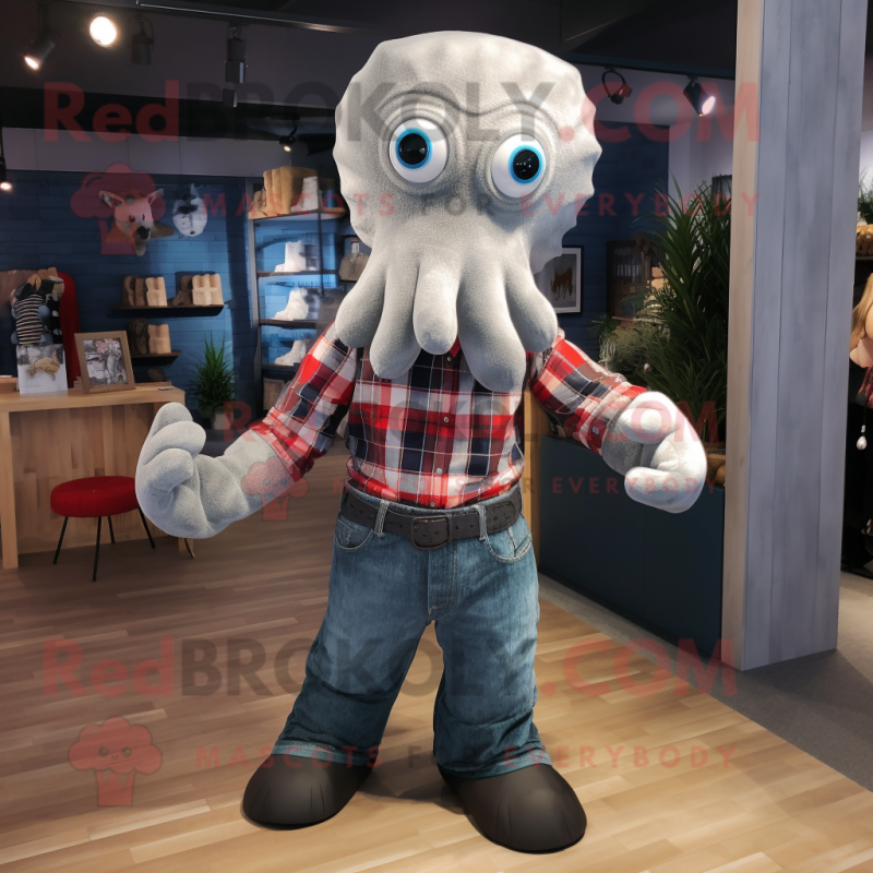 Silver Octopus mascot costume character dressed with a Flannel Shirt and Cufflinks