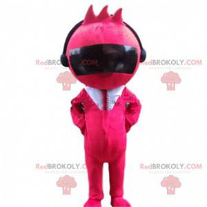 Roze robotmascotte met koptelefoon, futuristisch kostuum -