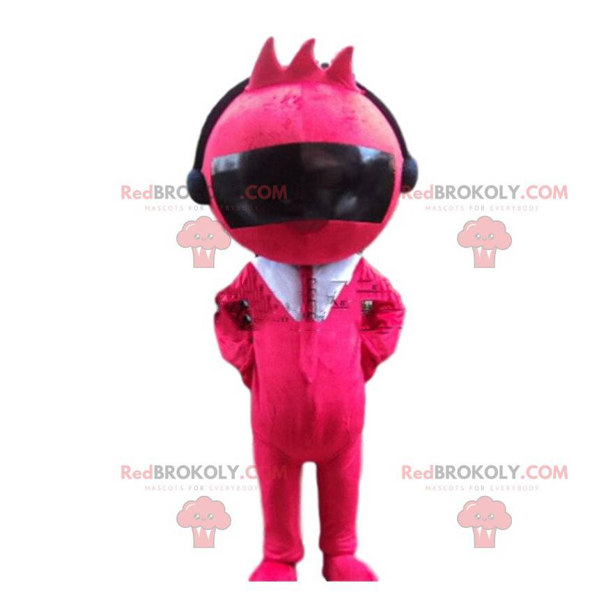 Mascotte de robot rose avec un casque audio, costume futuriste