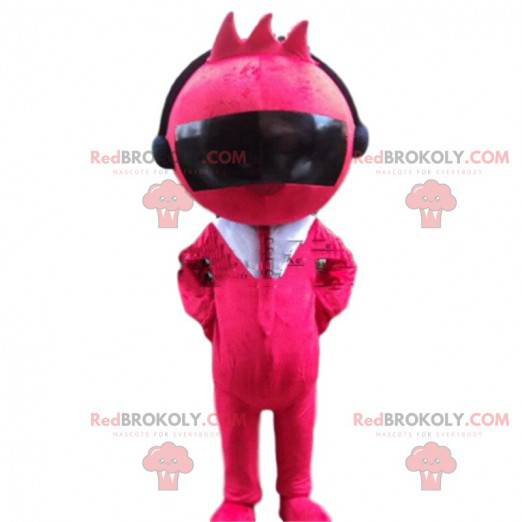 Pink robot mascot with headphones, futuristic costume -