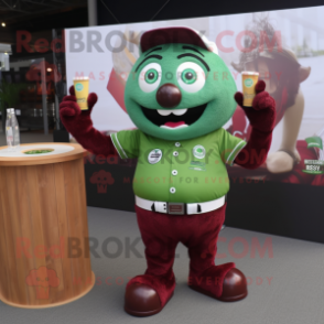 Maroon Green Beer mascot costume character dressed with a Button-Up Shirt and Digital watches