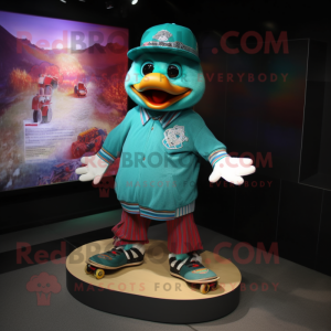 Teal Skateboard mascot costume character dressed with a V-Neck Tee and Bracelet watches