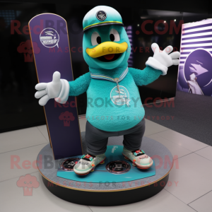 Teal Skateboard mascot costume character dressed with a V-Neck Tee and Bracelet watches