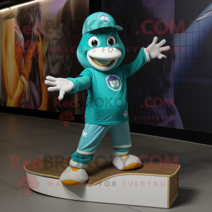 Teal Skateboard mascot costume character dressed with a V-Neck Tee and Bracelet watches