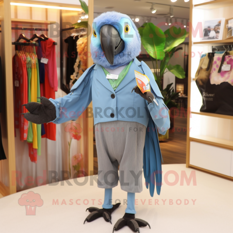 Gray Macaw mascot costume character dressed with a Culottes and Tie pins Gray Macaw mascot costume character dressed with a Culottes and Tie pins