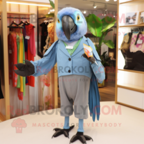 Gray Macaw mascot costume character dressed with a Culottes and Tie pins