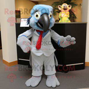 Gray Macaw mascot costume character dressed with a Culottes and Tie pins