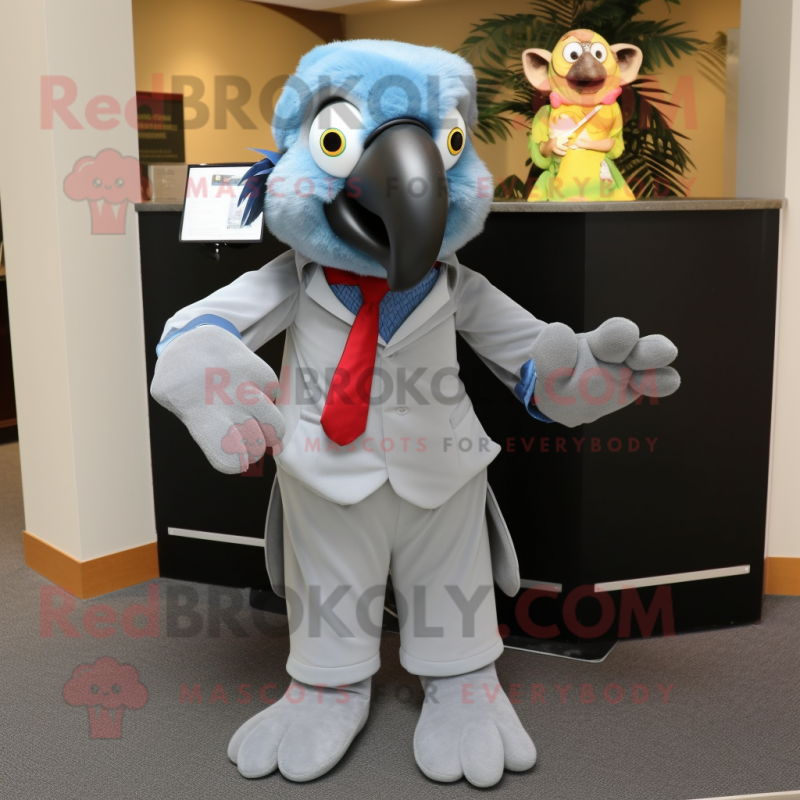Gray Macaw mascot costume character dressed with a Culottes and Tie pins Gray Macaw mascot costume character dressed with a Culottes and Tie pins