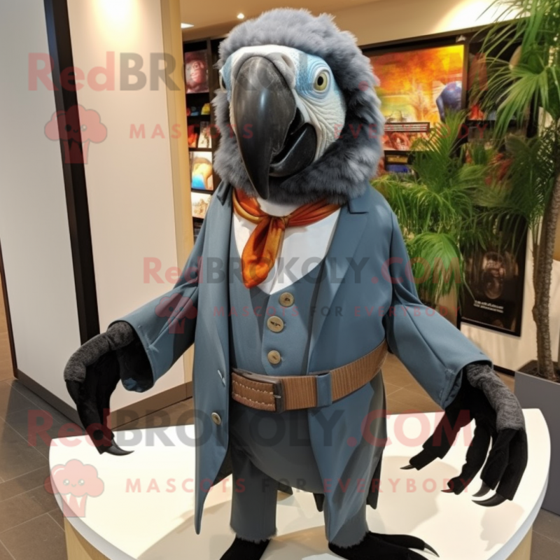 Gray Macaw mascot costume character dressed with a Culottes and Tie pins