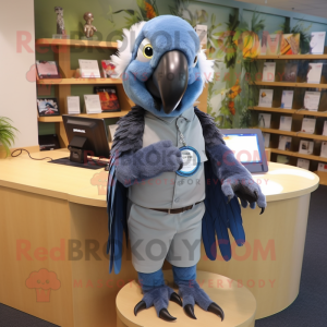 Gray Macaw mascot costume character dressed with a Culottes and Tie pins