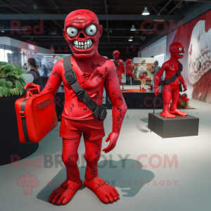 Red Zombie mascot costume character dressed with a Rash Guard and Handbags