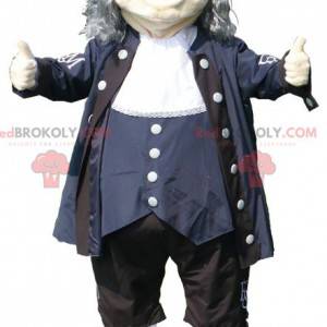 Mascotte de vieil homme en tenue noire bleue et blanche -