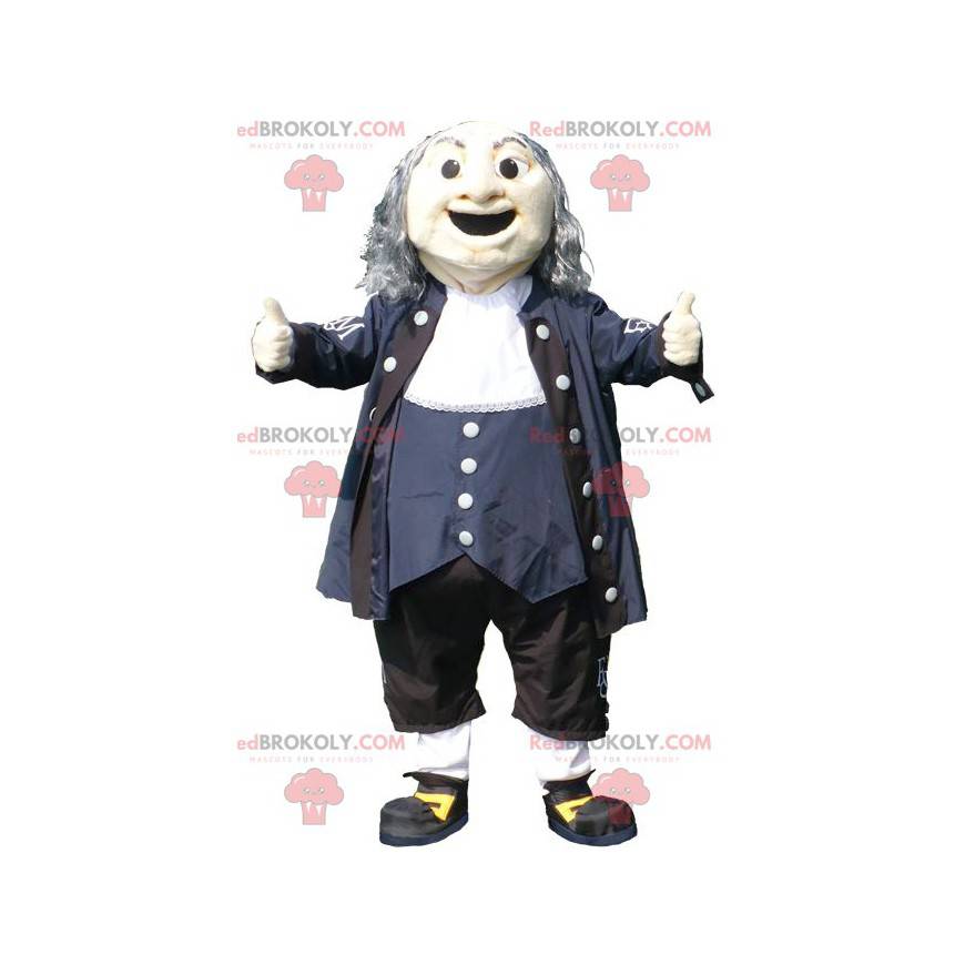 Mascot old man in black blue and white outfit - Redbrokoly.com