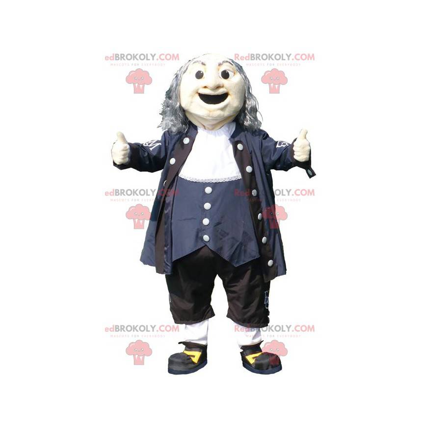 Mascotte de vieil homme en tenue noire bleue et blanche -